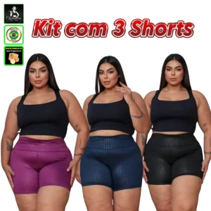Kit 3 Shorts Fitness 3D Plus Size Feminino Cintura Alta Modelador, Conforto e Qualidade Premium